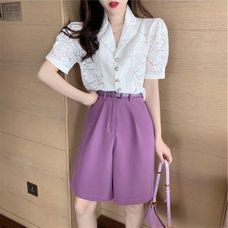 Set: Lace V-neck Blouse + Shorts