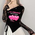 Long-sleeve Off-shoulder Heart Print & Lettering Lace Panel Top