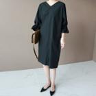 V-neck 3/4-sleeve Midi Dress