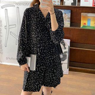Long-sleeve Printed Collared Shift Dress