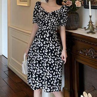 Floral Print Spaghetti-strap A-line Dress / Puff-sleeve Dress