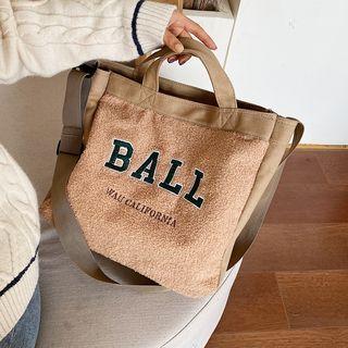 Lettering Faux Shearling Tote Bag