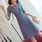 Elbow-sleeve A-line Collared Knit Dress