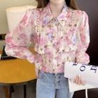 Floral Beaded Ruffle Trim Blouse