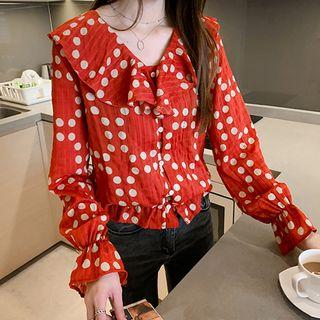 Long-sleeve Ruffle Collar Dotted Blouse