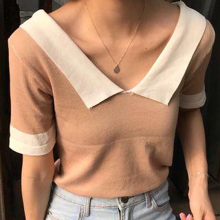 Short-sleeve Contrast Collar Knit Top