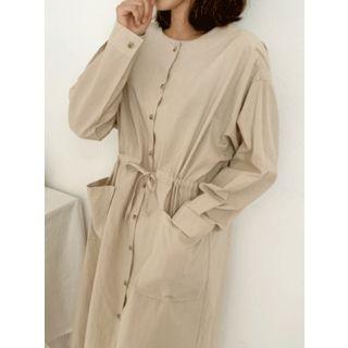 Drawstring-waist Dual-pocket Long Shirtdress
