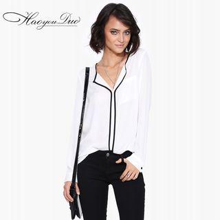Contrast Trim Split-neck Chiffon Blouse