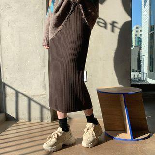 Slit-back Long Ribbed Knit Skirt
