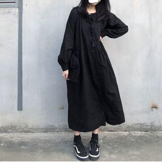 Long-sleeve Buttoned A-line Midi Dress Black - One Size