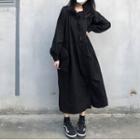 Long-sleeve Buttoned A-line Midi Dress Black - One Size