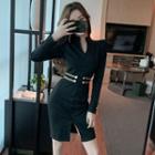 Buttoned Split-neck Long-sleeve Sheath Dress