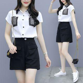 Set: Short-sleeve Print Trim + Wide Leg Shorts