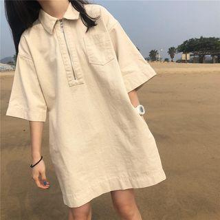 3/4-sleeve Zip Placket Mini Cargo Dress Almond - One Size