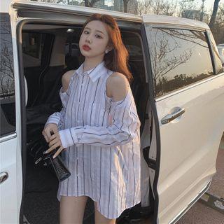 Cold-shoulder Striped Shirt Stripes - White - One Size