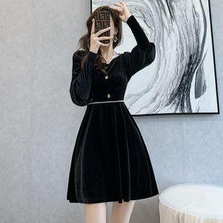 Long-sleeve Square Neck Velvet Mini A-line Dress