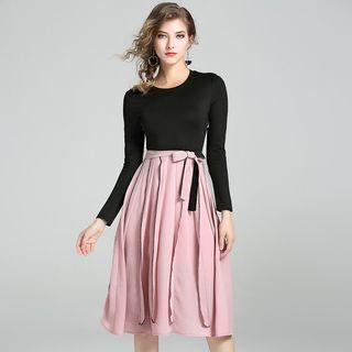 Mock Two-piece Long-sleeve A-line Midi Dress