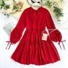 Long-sleeve Frill-trim A-line Dress Red - One Size
