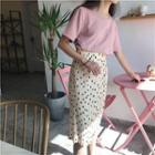 Dotted Pleated Midi Skirt / Plain Short Sleeve T-shirt
