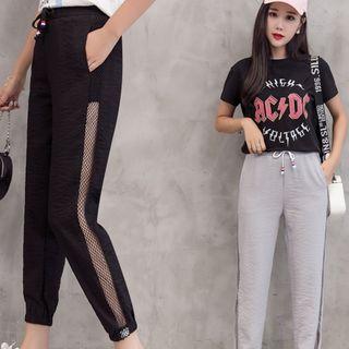 High-waist Drawstring Fishnet Panel Pants