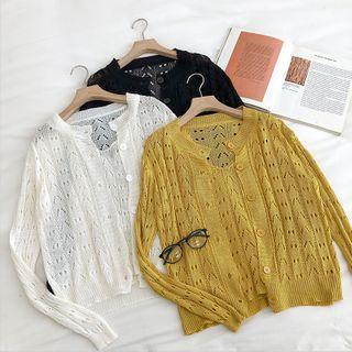 Set:plain Knit Tank Top + Perforated Crewneck Long-sleeve Cardigan