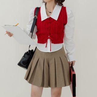 Set: Plain Shirt + Cable-knit Lace Up Cropped Sweater Vest