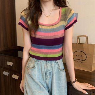 Short-sleeve Square-neck Stripe Cropped Top