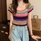Short-sleeve Square-neck Stripe Cropped Top