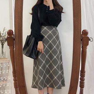 Balloon-sleeve Polo-neck Sweater / Argyle Print Midi A-line Skirt