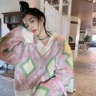V-neck Argyle Sweater Pink - One Size