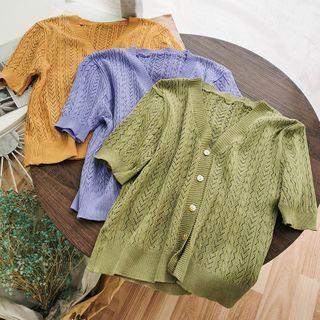 Short-sleeve Button-up Pointelle Knit Top