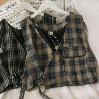 Buckled-waist Plaid Crop Vest