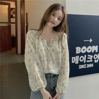 Long-sleeve Floral Blouse Floral - Yellow & Green - One Size
