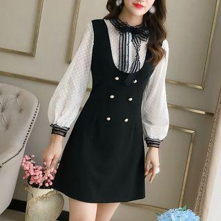 Set: Tie-neck Chiffon Blouse + Mini A-line Pinafore Dress