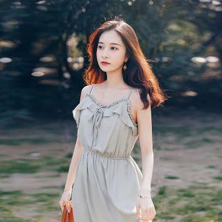 Spaghetti Strap Ruffle Trim Midi A-line Dress