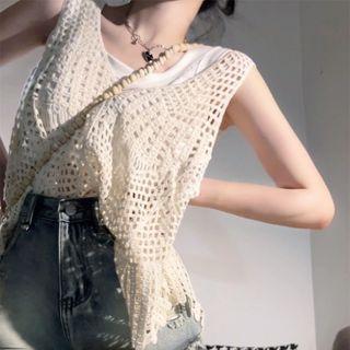 Tank Top / Pointelle Knit Tank Top / Tassel Trim Denim Shorts