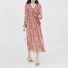 V Collar Agaric Lace Floral Long-sleeved Chiffon Dress