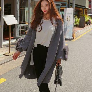 Faux-fur Trim Long Cardigan Gray - One Size