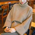 Turtleneck Flared-sleeve Sweater Khaki - One Size
