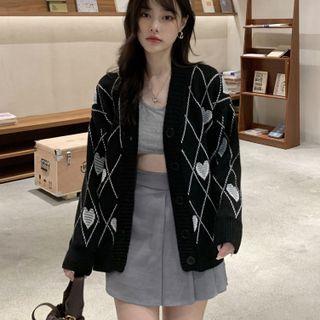 Heart Print V-neck Cardigan Black - One Size