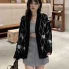 Heart Print V-neck Cardigan Black - One Size