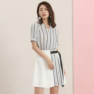 Set: Short-sleeve Striped Shirt + Paneled Mini A-line Skirt