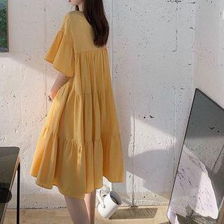 Bell-sleeve Ruffled Plain Dress