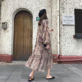 Leopard Print Long-sleeve Loose-fit Dress As Figure - One Size