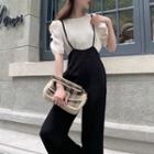 Puff-sleeve Plain Blouse / Wide Leg Jumper Pants / Set