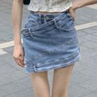 Puff-sleeve Floral Cropped Blouse / Denim Mini A-line Skort