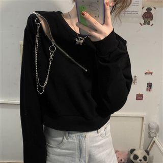 Cropped Round-neck Zip Off-shoulder Sweatshirt