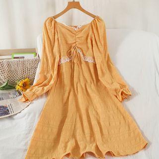 Long-sleeve Drawstring Midi A-line Dress Yellow - One Size
