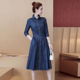 3/4-sleeve Midi A-line Denim Shirt Dress