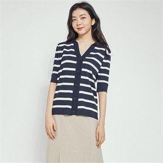 Collared Elbow-sleeve Stripe Cardigan